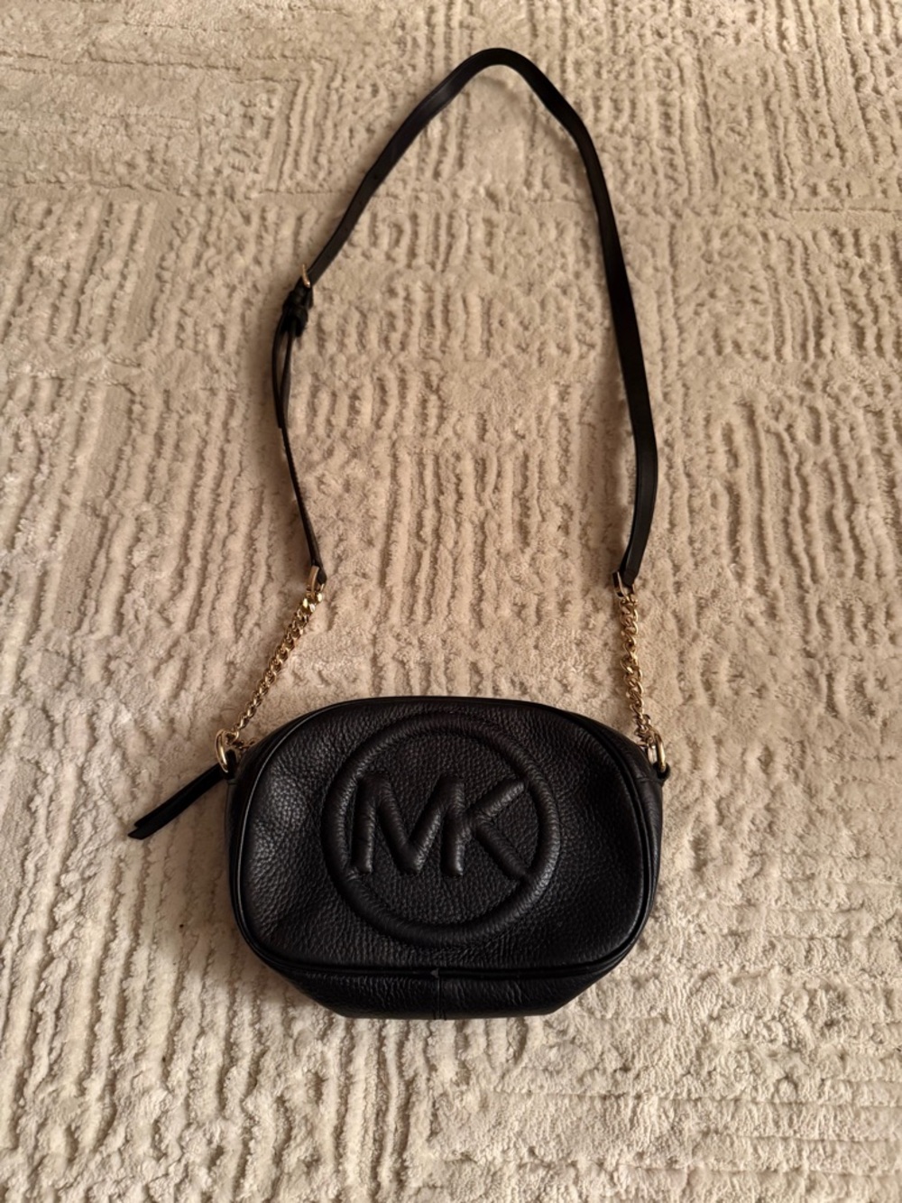 Michael Kors Black Pebbled Leather MK Logo Crossbody with Gold Chain